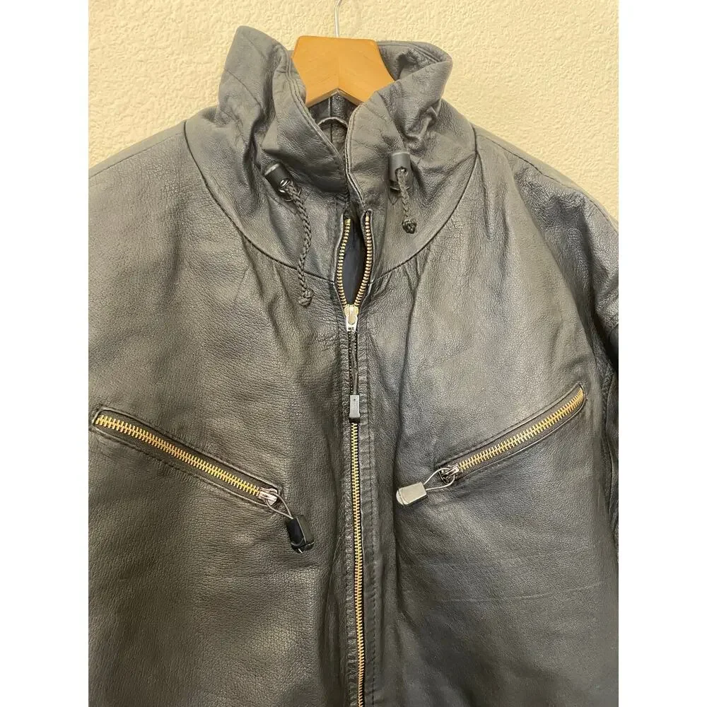 VTG Genuine Leather Jacket Zip Closure Draw String Waist & Collar Cozy Boho Lg